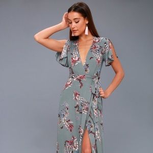 Lulus Fiorire Slate Blue Floral Print Wrap Dress